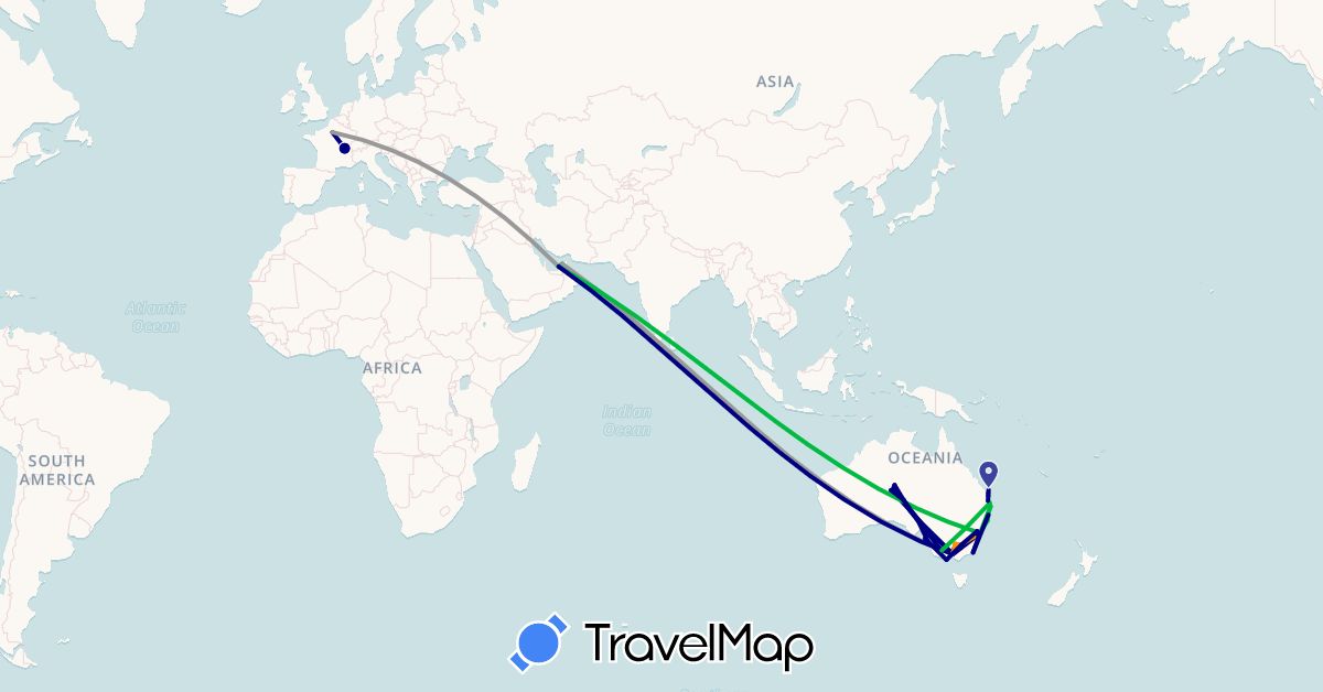 TravelMap itinerary: driving, bus, plane, train, hiking, hitchhiking in United Arab Emirates, Australia, France (Asia, Europe, Oceania)